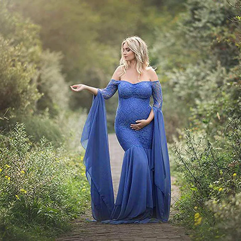 Maxivestido de maternidad para sesión de fotos de mujer embarazada, ropa Sexy de gasa de encaje, Vestido largo de sirena para fotografía de embarazo