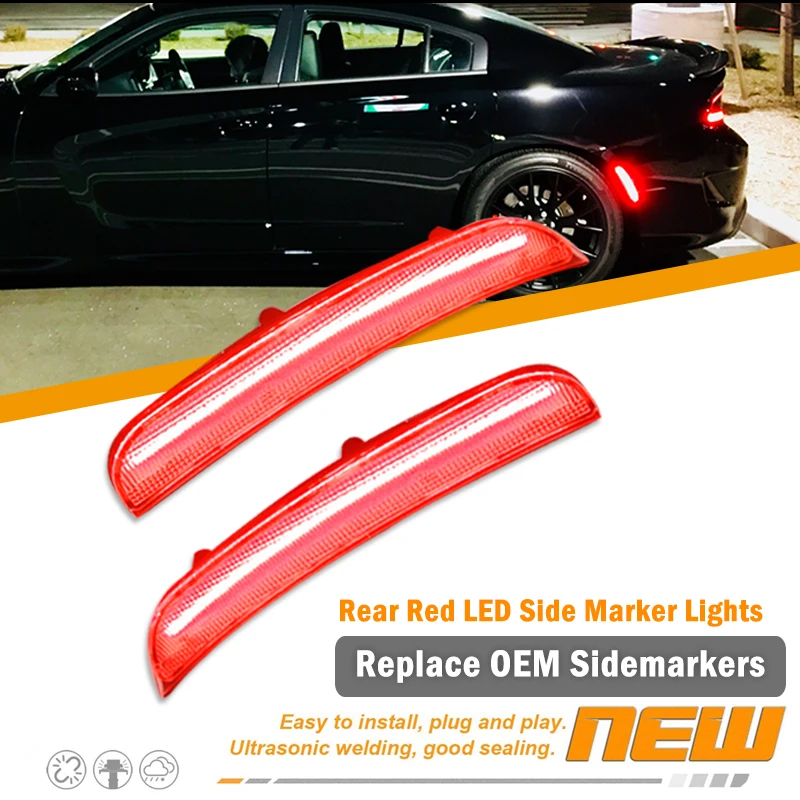 IJDM 앰버/레드 전면/후면 범퍼 2015-up Dodge Charger 용 풀 LED 사이드 마커 라이트 키트, OEM 사이드 마커 램프 12V 교체 썸네일 4