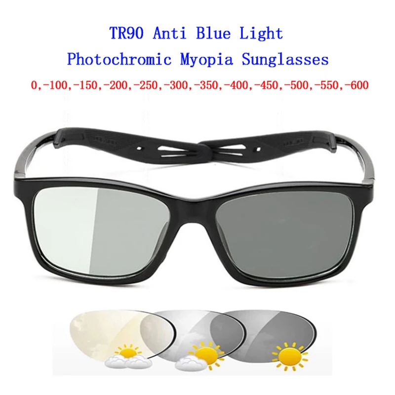 TR90 Unisex Photochromic Blue Light Blocking Myopia Sunglasses Women Men Outdoor Sport Fishing Driving Sun Glasses 0,-1.0~-6.0