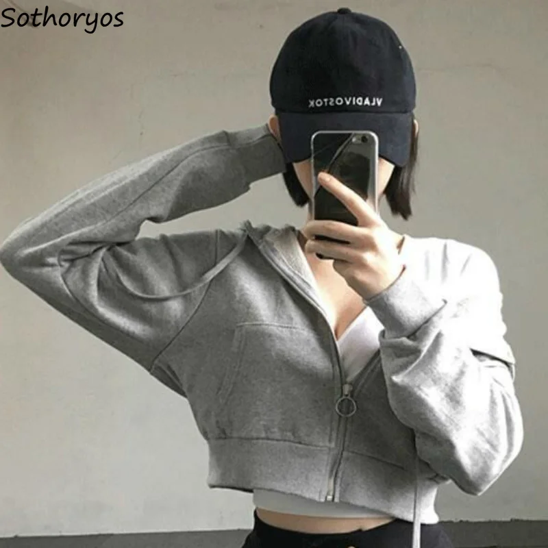 Hoodies Women Hooded Solid Short Style Zipper Slim Harajuku Chic Trendy Simple All-match Thin Long Sleeve Ulzzang New Streetwear