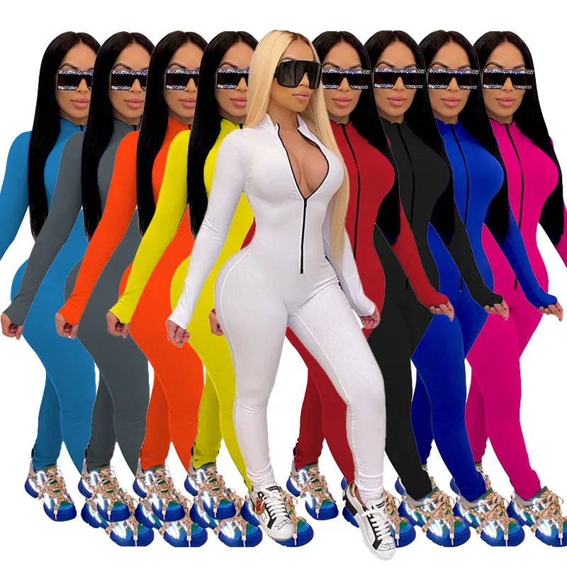 New Workout Active Wear Solid Color Rompers Womens Jumpsuit Sporty Long Sleeve Fitness Clubwear Zipper Party Jumpsuits Bodycon