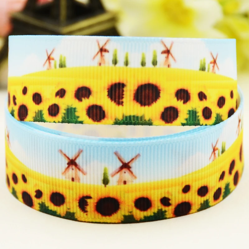 22mm 25mm 38mm 75mm Sunflower Cartoon printed Grosgrain Ribbon party decoration 10 Yards X-03398