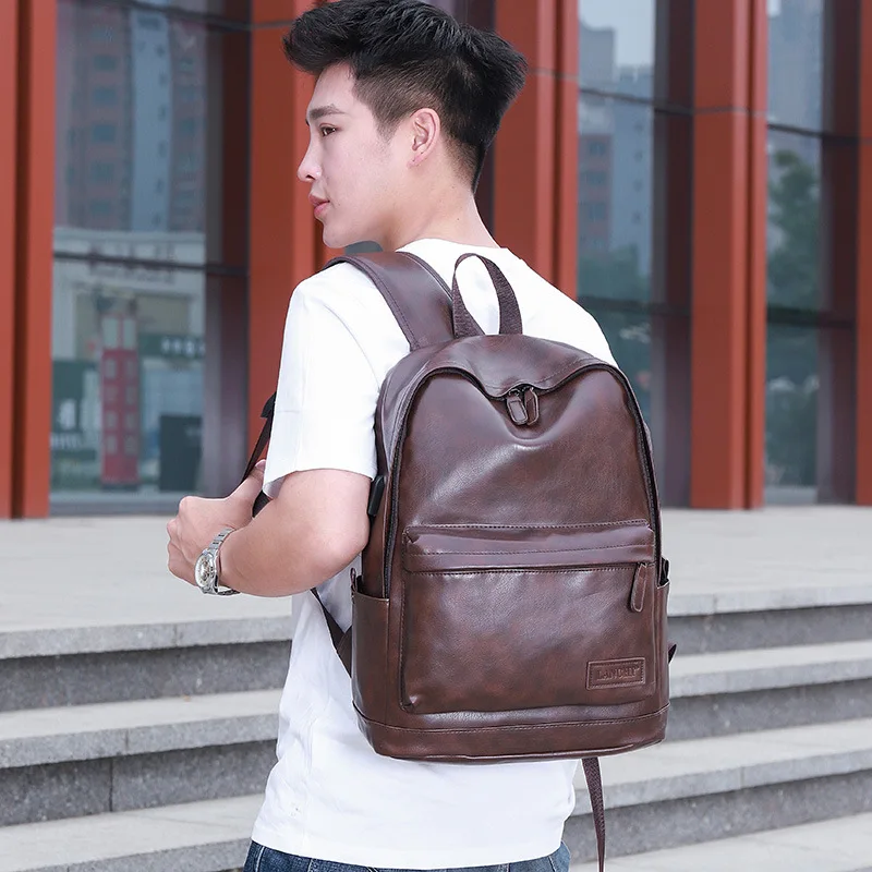 Men Leather Backpack USB Charging Anti-theft Large Boy Schoolbag Travel Bag School Backpack Black Bagpack