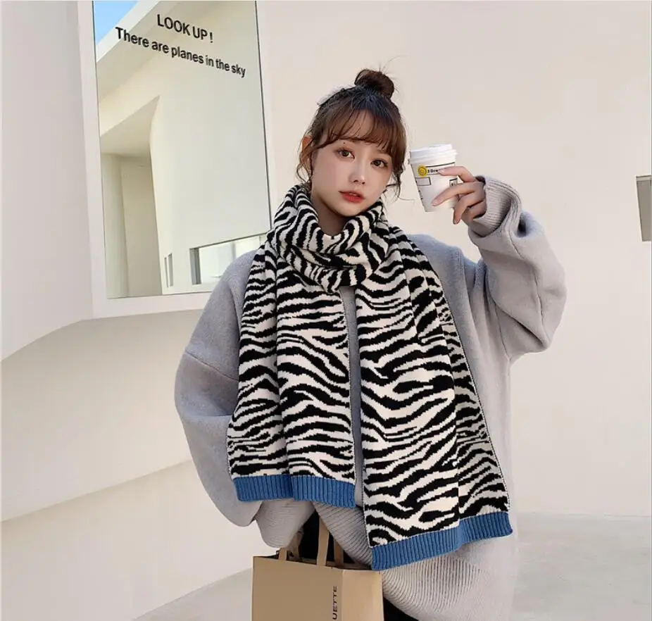 Fashion Winter Scarf Zebra Print Knitted Scarves Wraps Sharp Angle Shawls Warm Long Narrow Sweet Girl Small Skinny Neckerchief