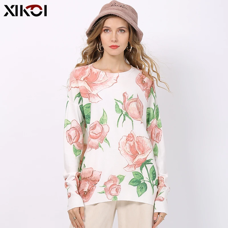 XIKOI Romantic Rose Print Knitted Sweater For Women Winter Warm Long Sleeves Pullovers Oversized White Swetaer New Jumper Tops