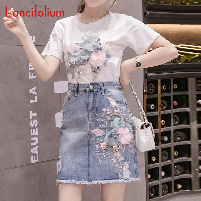 Floral Mini Jean Skirt Women Summer Korean Kawaii  Flower Folk Chic High Waist Denim Skirt Fashion 2020 Vintage Cute Short Skirt