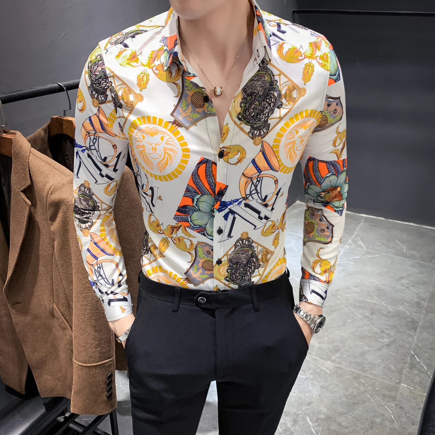 Slim Casual Shirts Fit Party Wear Blouse Homme 4XL Autumn New Shirt Men Fashion 2020 Digital Print Tuxedo Shirt Long Sleeve Mens