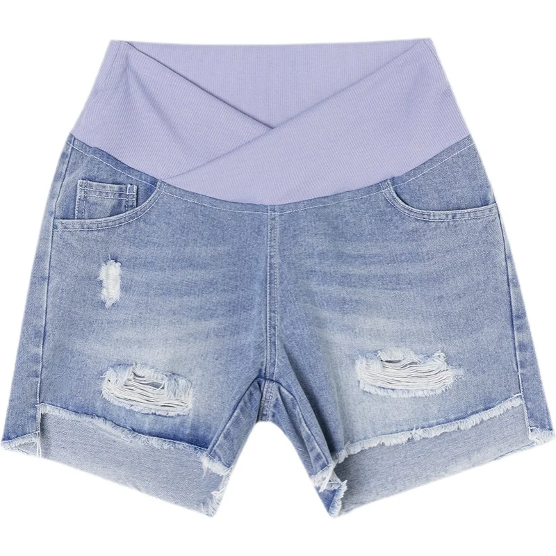 Denim Fashion Maternity Shorts Summer Pregnancy Cotton  Slim Tight Hole  Elastic  Pants  Jeans Clothes