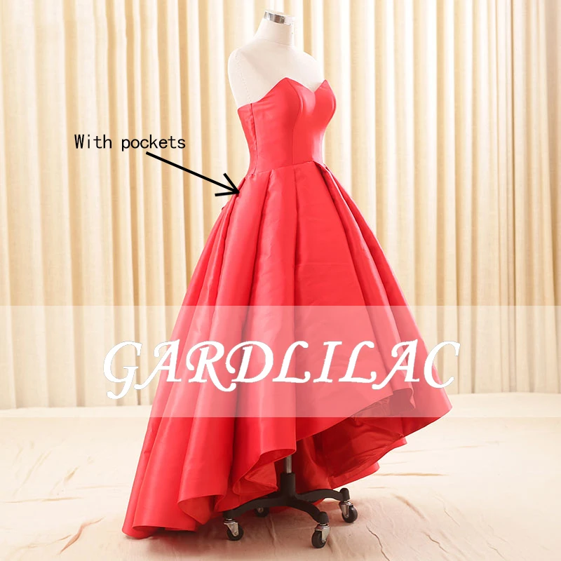 Gardlilac Elegant Satin Sweetheart Red Evening Dresses  A-Line Hi-Low Formal Prom Party Gowns With Pockets