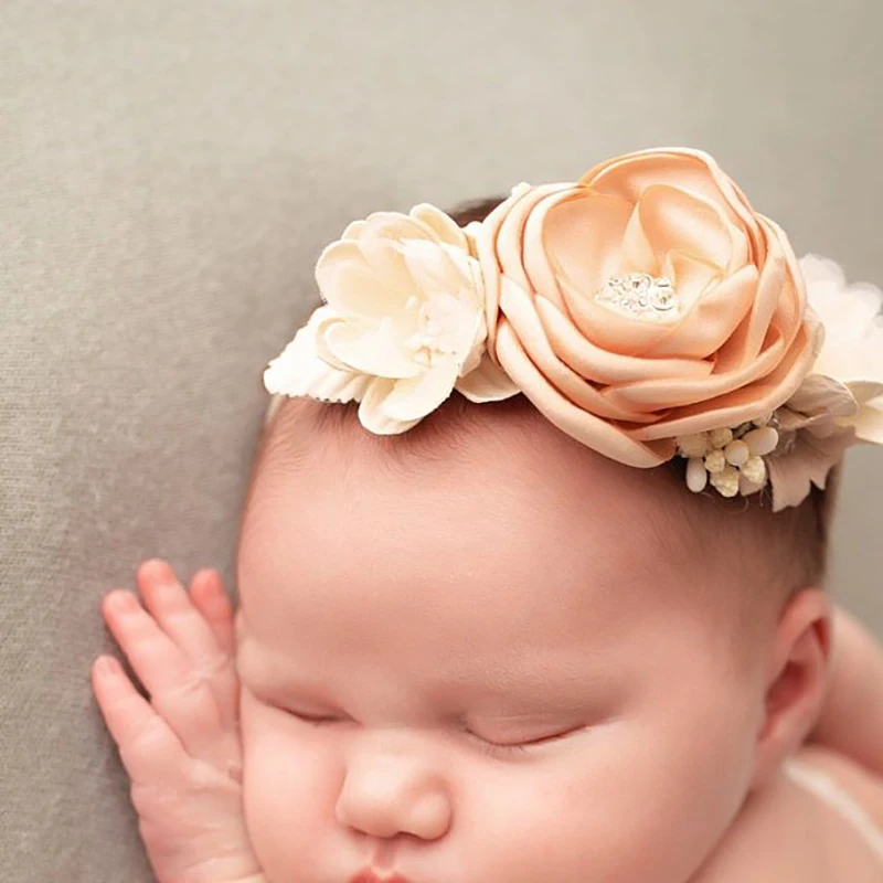 Vintage Flower Baby Girls Headband with Rhinestone Knotted Artificial Fake Floral Newborn Elastic Nylon Hair Bands Photo Props