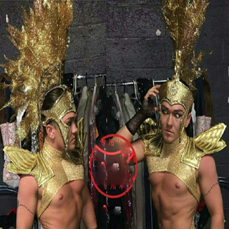 Model Catwalk men stage show clothing hat headwear Sexy Indian golden muscle man costume nightclub party gogo