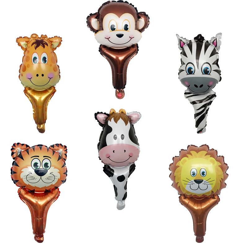 

1pcs Cartoon Animal Hand Stick Balloons lion tiger cow Monkey Zebra Deer child Birthday Party Decoration kid globos Balloon