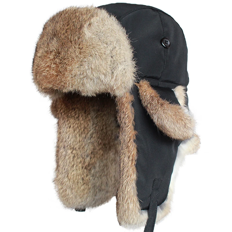 

Rabbit Fur Bomber Hat Men Women Winter Russian Snow Cap with Earflaps Thick Warm Trapper Ushanka