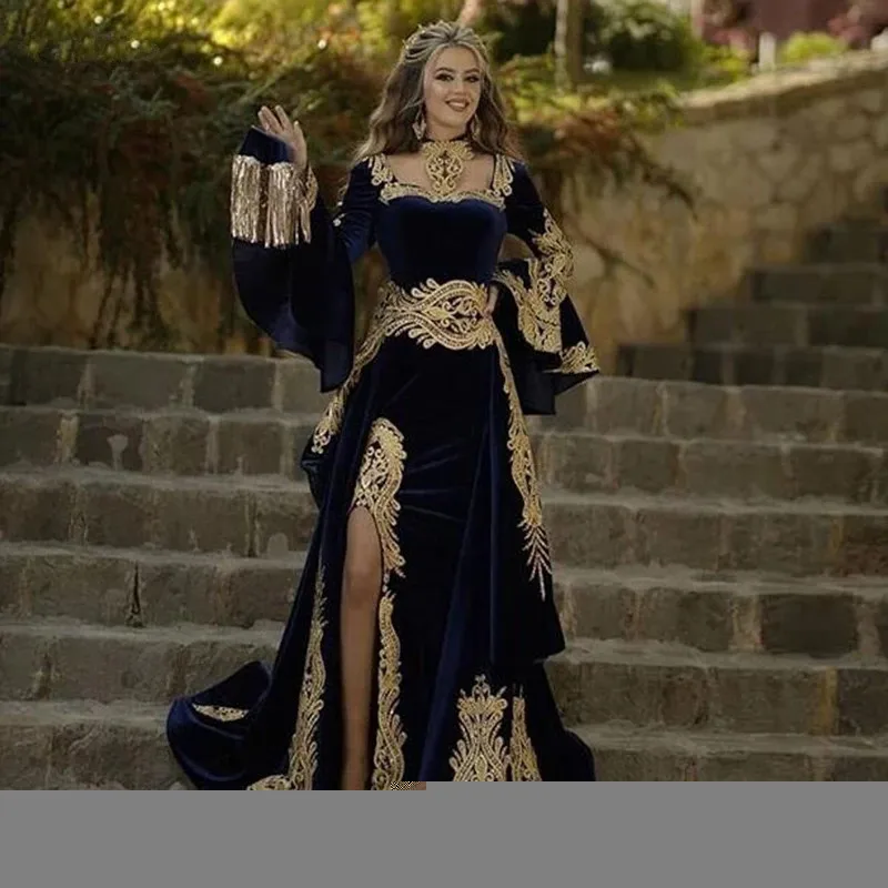 

Синий марокканский кафтан Кафтан Мусульманские вечерние платья трапециевидной формы с длинными рукавами и аппликациями с разрезом Дубай, арабская Абая, исламское платье по индивидуальному заказу