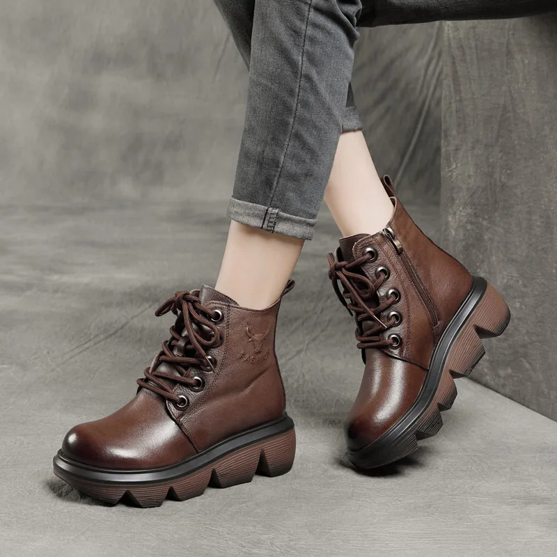 

New Leather Martin Boots Women's Casual Thick-soled Increased Slope Heel Top Layer Cow Head Short Boots Single Boots