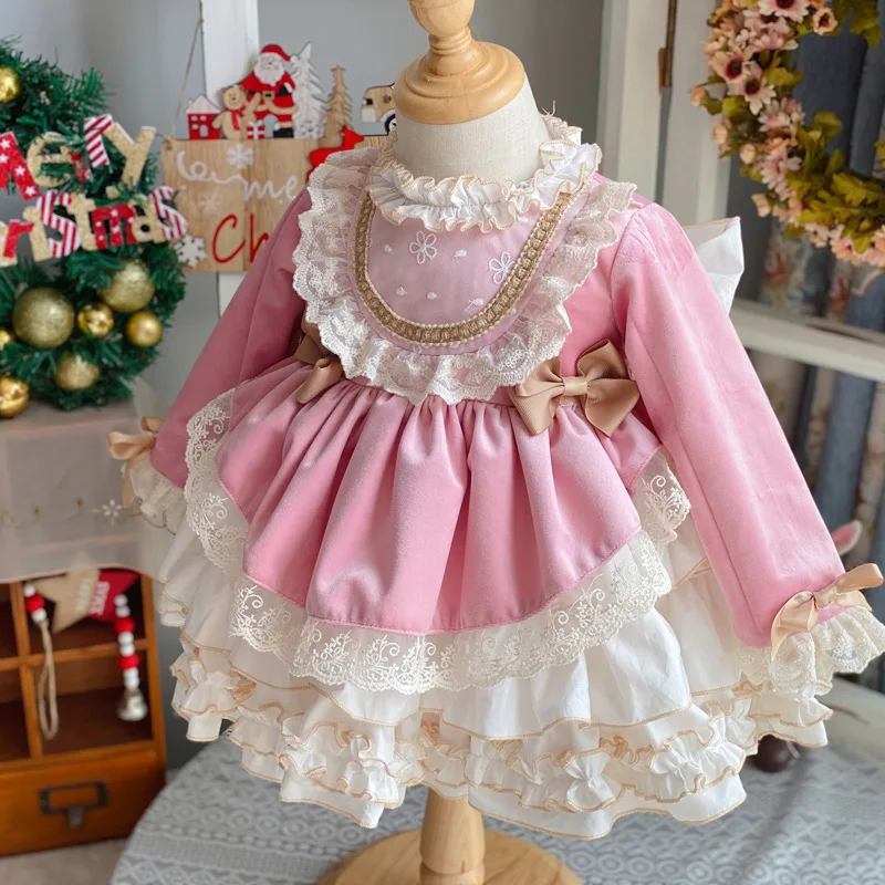 Baby Girl Autumn Winter Pink Velvet Vintage Spanish Pompom Ball Princess Lolita Dress for Birthday Party Holiday Christmas