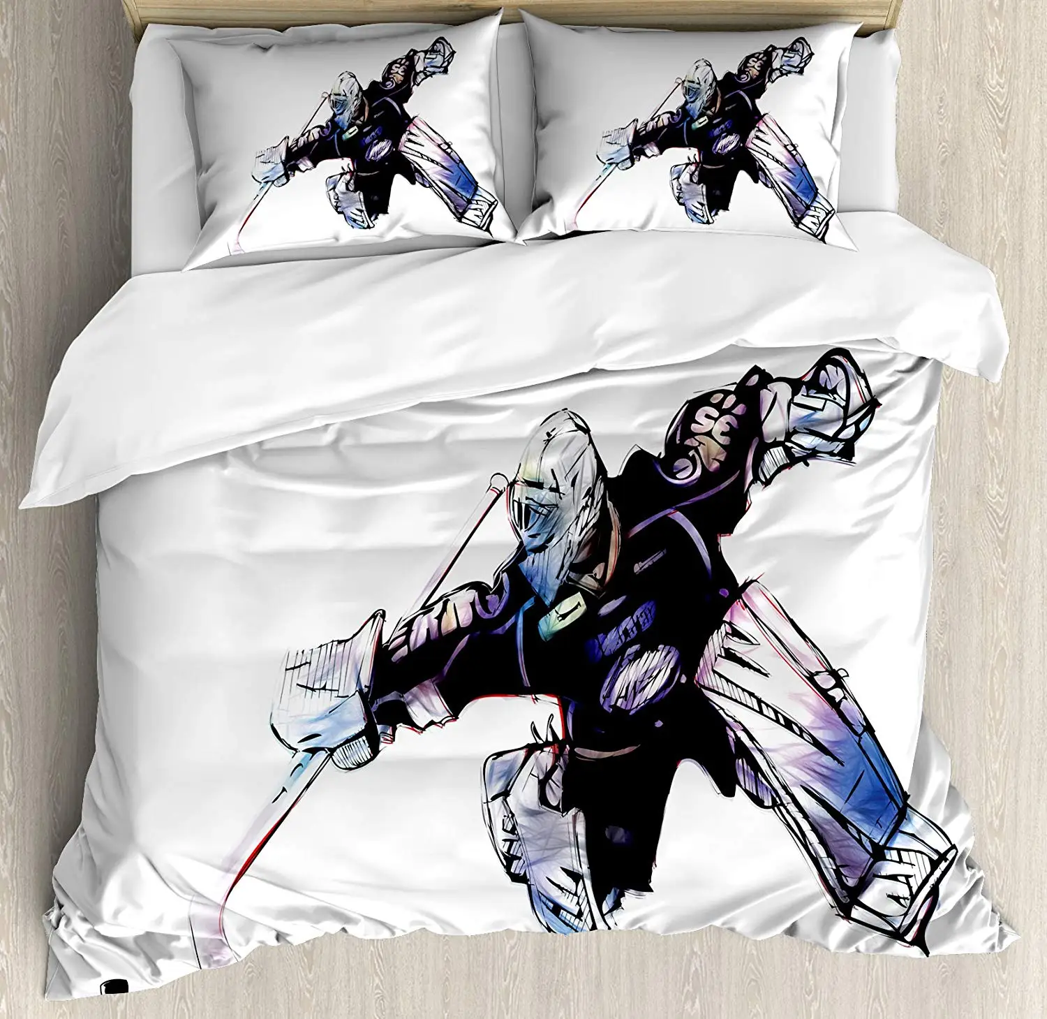 Hockey Duvet Cover Set Goalkeeper in Hand Drawn Style with Protective Gear in a Competitive Game Decorative 3 Piece Bedding Set