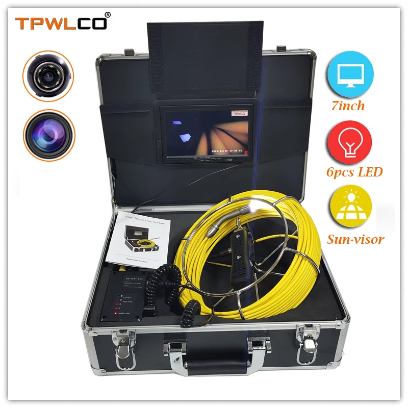 

20m Cable 17mm Pipe Video Camera 12pcs LEDS 7inch Industrial Pipeline Endoscope Inspection System 12V4500mA Lithium Battery