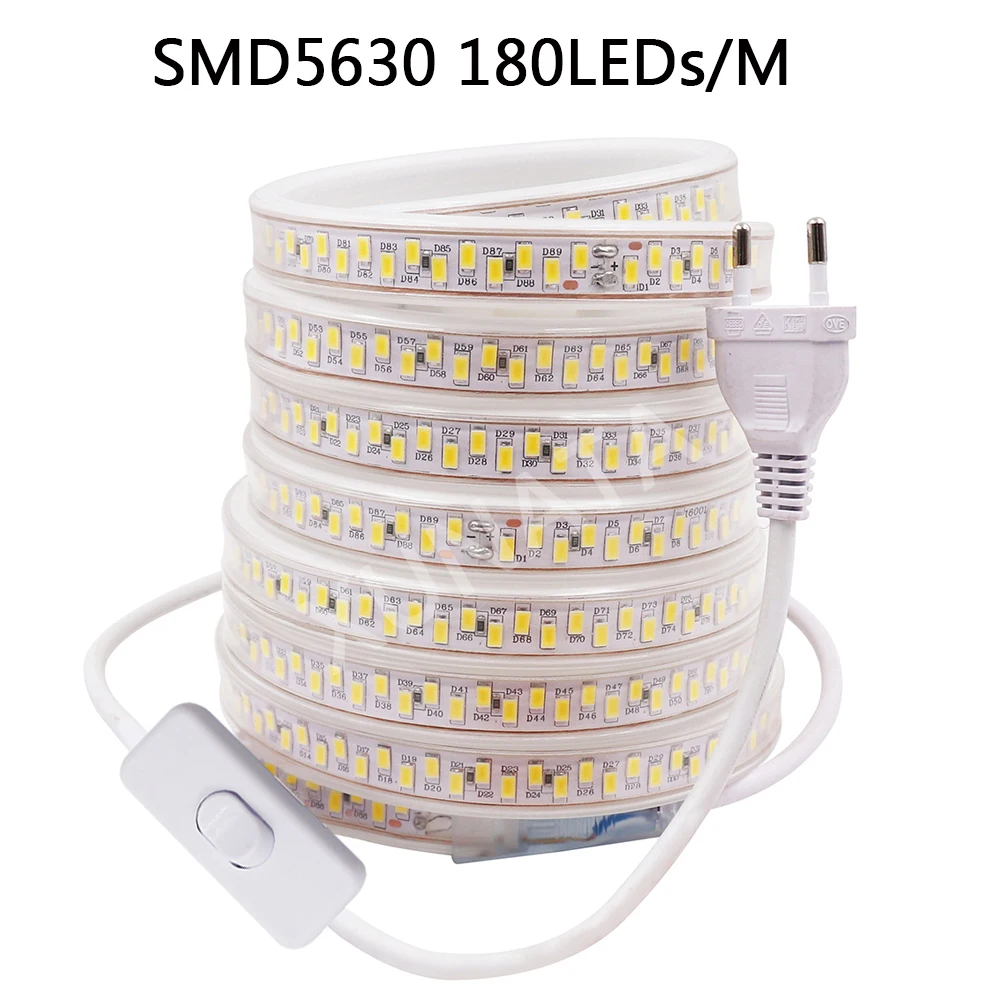 Waterproof 220V LED Strip Light with Switch Plug SMD5730 2835 5050 Super Bright Led Tape 276/240Leds/m Flexible Outdoor Lighting