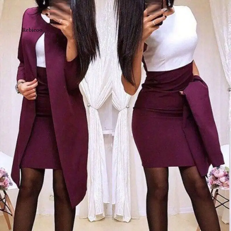 

Women Long Blazer Jackets Sheath O-Neck Mini Dress Sexy Formal Dress Suits Women Office Wear 2 Piece Female Sets