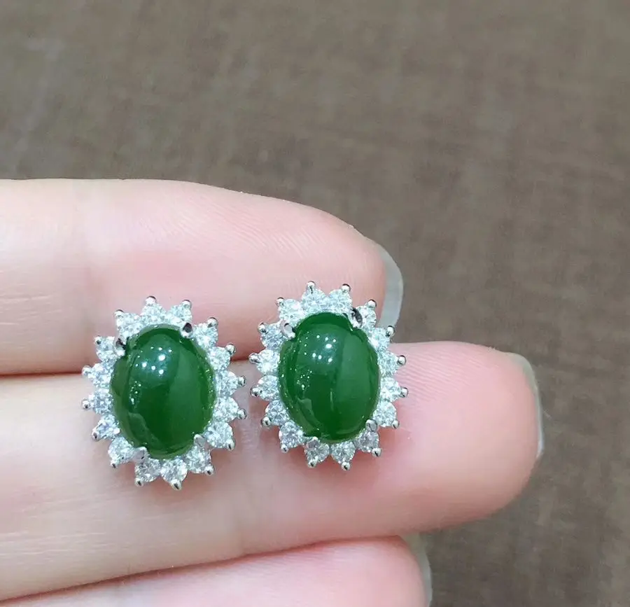 

A pair Beautiful green jade eardrop jasper earbob Inlay S925 Silver gemstone earring