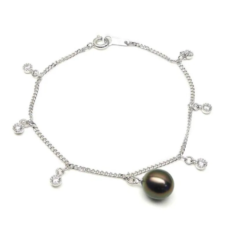 8-9mm Green Cultured Tahitian Sea Pearl Charm Bracelet 925 Sterling Silver Chain