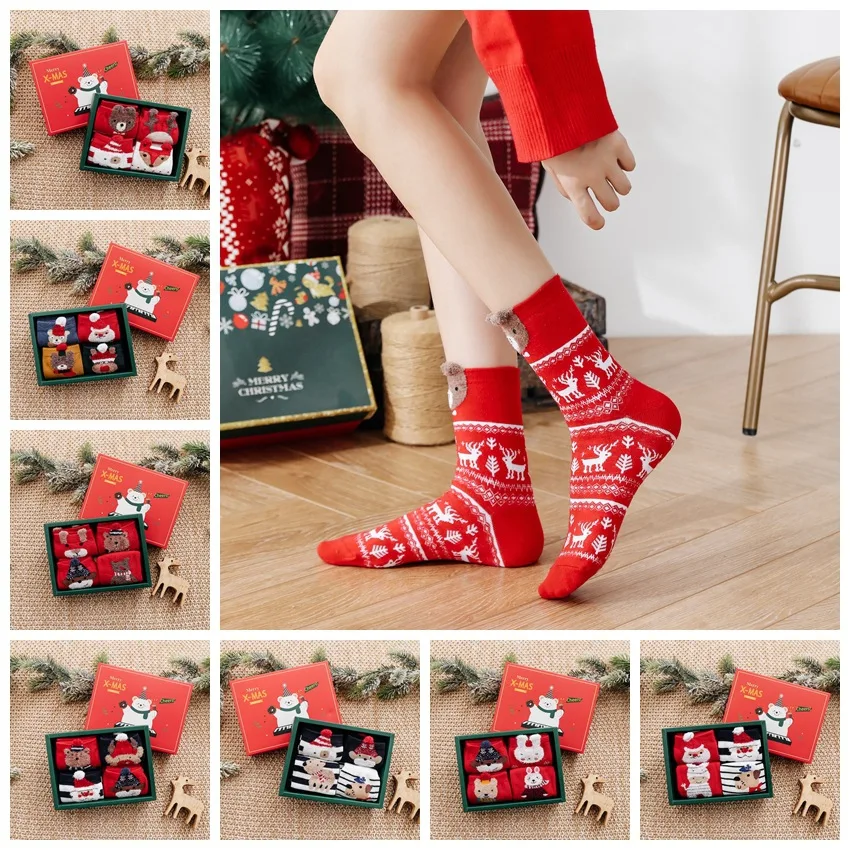 

4 pairs christmas socks cute cartoon animals christmas gift woman socks funny christmas elk cat bear kids christmas gift socks