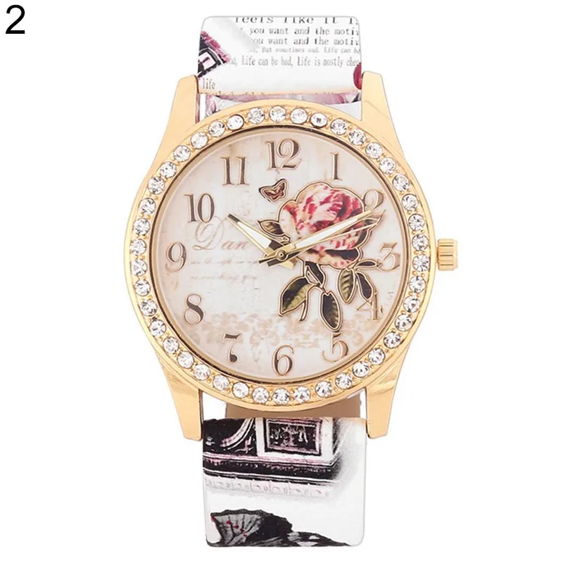 Fashion Women Print Rose Pattern Rhinestone Wrist Watch Casual Clock Quartz watch reloj mujer relogio feminino reloj hombre Ladi