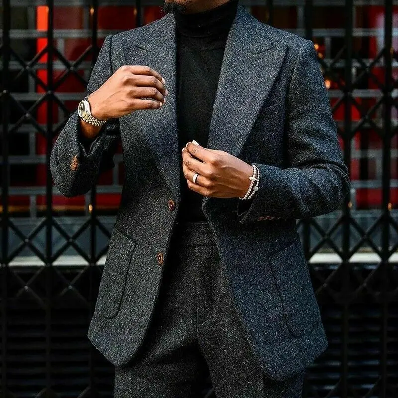 Costume pour homme gris foncé Tweed, veste et pantalon, coupe cintrée, chaud, Tuxued, marié, à la mode, manteau sur mesure, automne