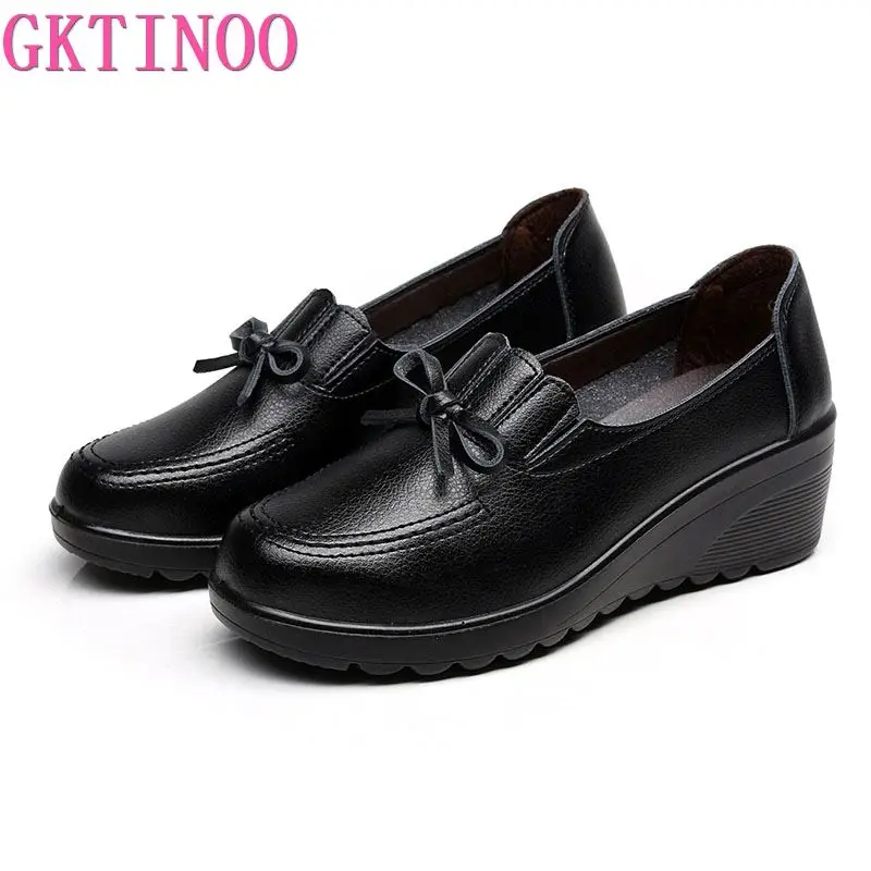 GKTINOO Autumn New Fashion Slip On Women High Heels Shoes Woman Wedges Leather Comfortable Casual Shoes Women Pumps 35-41