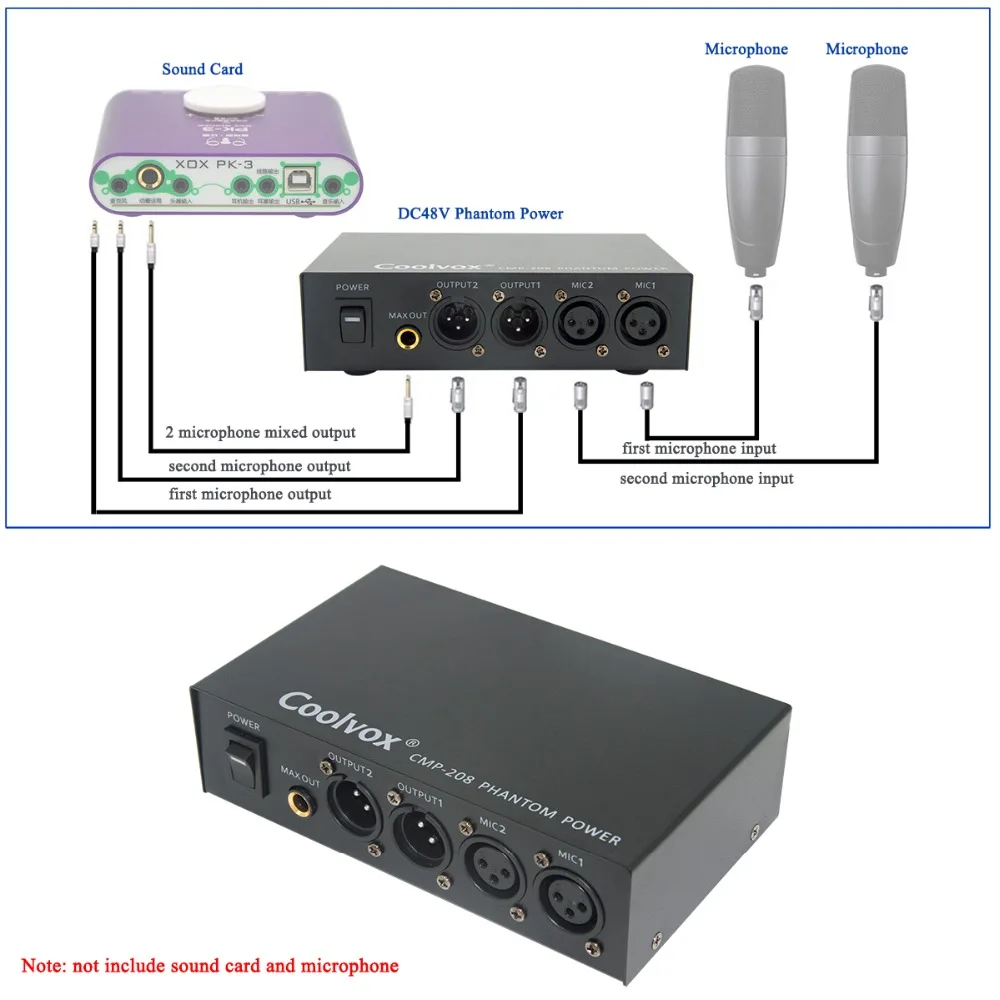 Coolvox Professional DC 48v Dual Mixed Ouput Phantom Power Supply For Condenser Microphones Music Recording Equipment 100V-250V