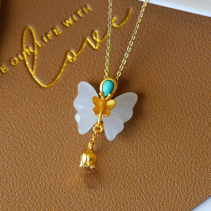 

New Silver Natural Hotan white jade Turquoise butterfly long pendant necklace Chinese style retro court charm women's jewelry