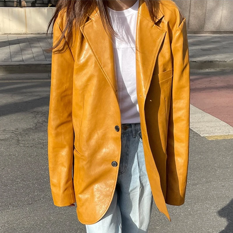 Women Short Pu Leather Coat Loose Style Yellow Color Vintage Full Women's Jacket Oversized Fashion Coat