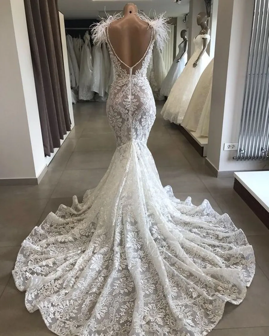 Abito da sposa a sirena in pizzo squisito 2024 perle di lusso collo trasparente maniche a berretto senza schienale abiti da sposa vestido de noiva