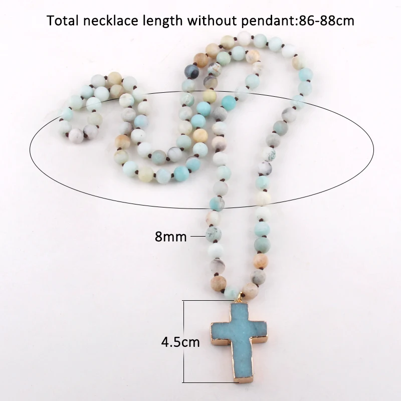 RH Fashion Bohemian Tribal Jewelry 8mm Natural Stones Knotted Stone Cross Pendant Necklaces Women Ethnic Necklace