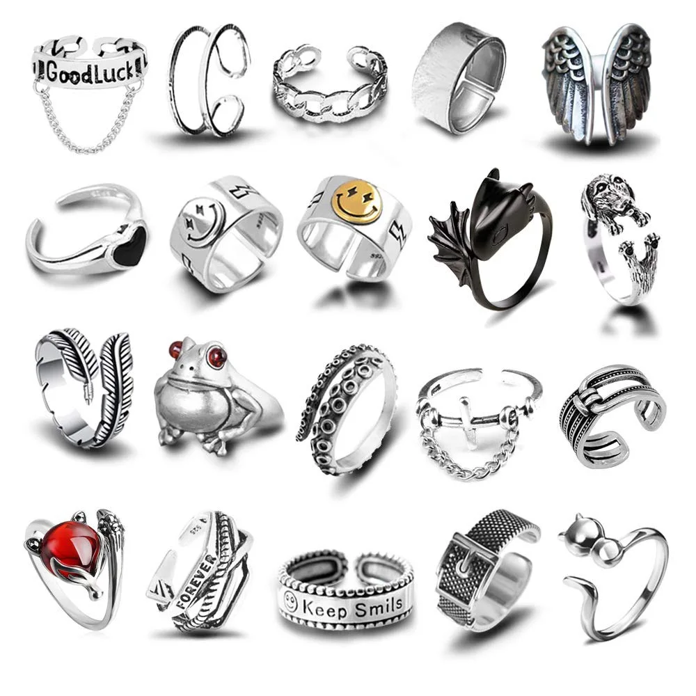 Ring For Women Girls Angel Wings Smile Fashion Men Jewelry Vintage Ancient Silver Color Punk Hip Hop Adjustable Rings Cute Cat