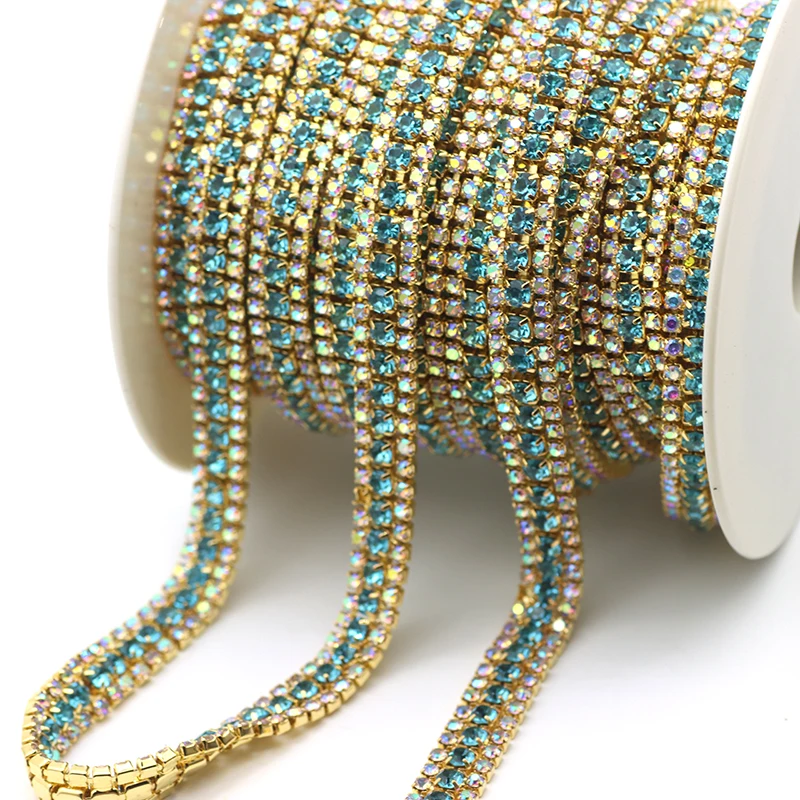1 yard 3 Rows Crystal red AB Rhinestone Cup Chain Gold Base Sew on Rhinestone Trim for DIY Wedding Dress Bags cloth Decoration