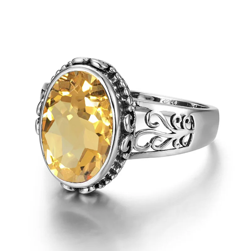 Gelber Citrin-Ring für Damen, Silber 925 Sterling, Herren-Edelsteinringe, Oval, Bohemian, Handgefertigter Damenschmuck, Brautsets im Angebot – Detail 4