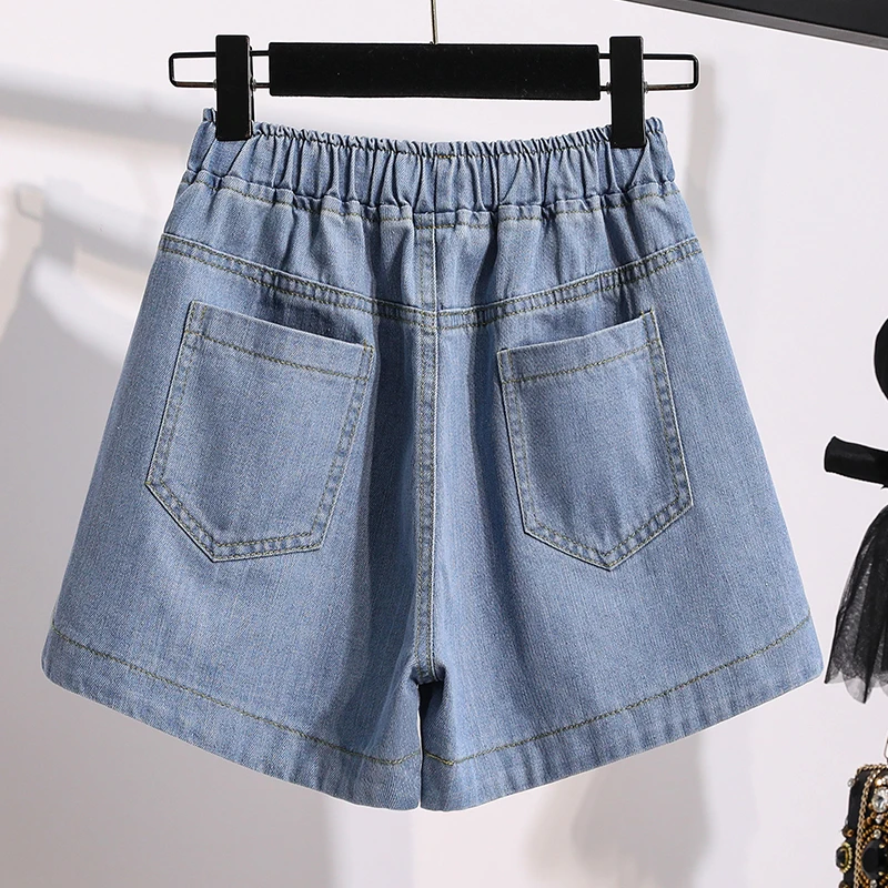 Denim Shorts For Women High Waist Blue Wide Leg Thin Jeans Summer Casual Elastic Waist Loose Shorts Hot Pants S-5XL