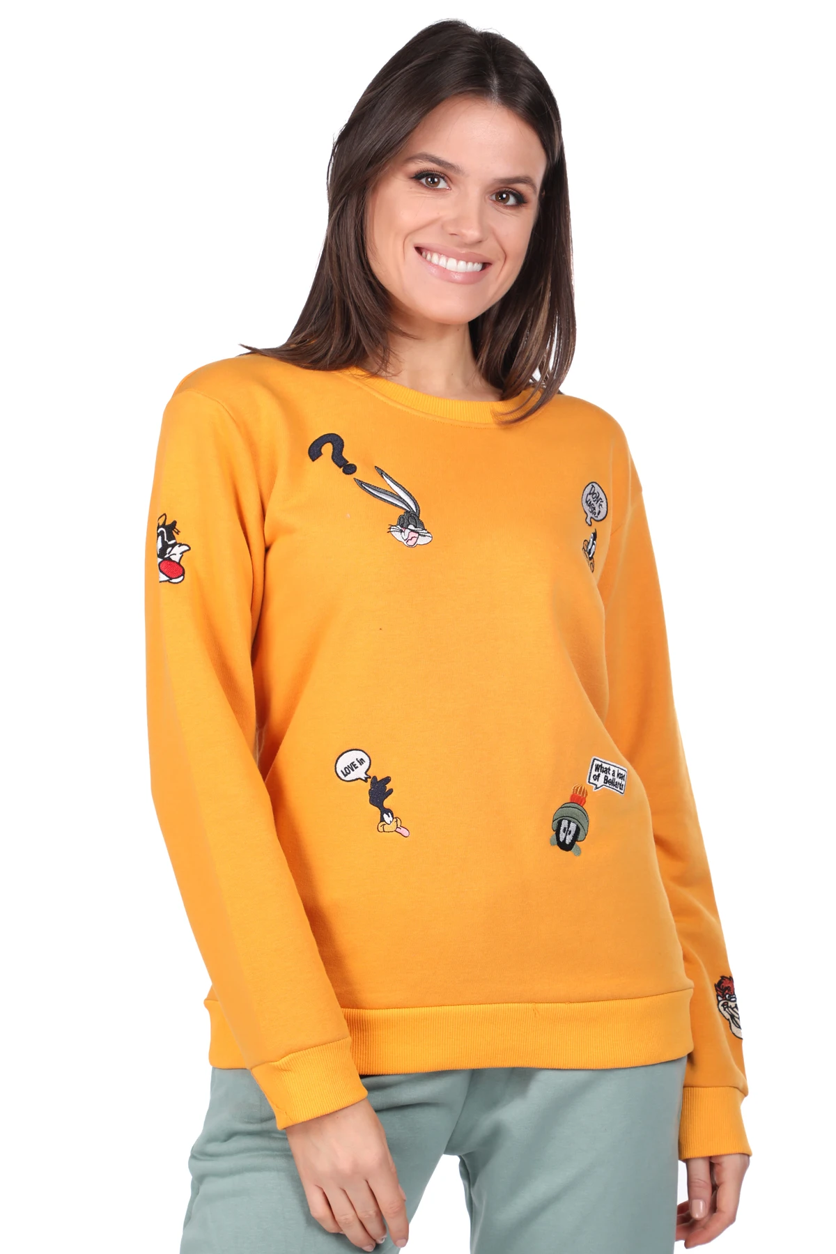 Cartoon Character Embroidered Yellow Women Sweatshirts