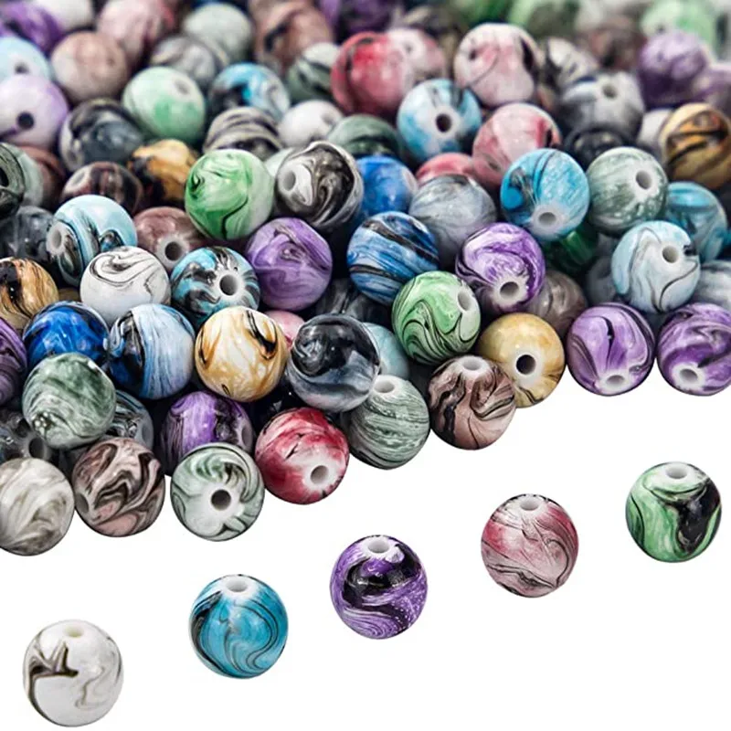 6 8 10 12 14mm Random Mixed Color 30-100pcs Spacer Acrylic Beads in Ink Patterns Resin Beads For Jewelry Making Diy Accessories