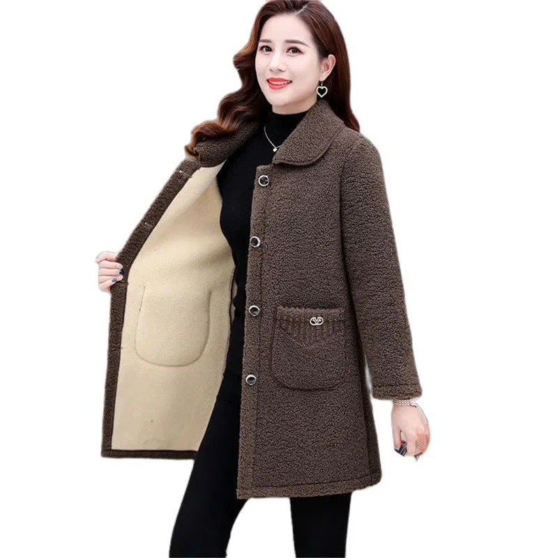 2022 XL-6XL Middle-Age Elderly Women\'s Clothing Thicken Imitation Lamb Wool Coat Mother\'s Winter Mid-Length Granular Velvet Coat