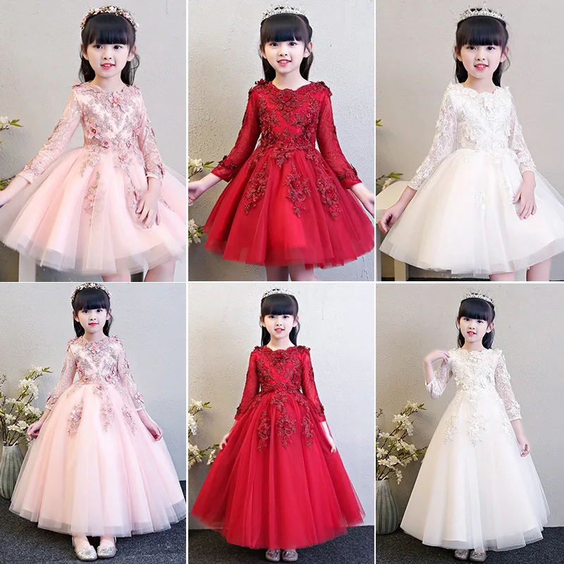 Elegant Pink Appliques Tulle Flower Girl Dress for Wedding Princess Long Sleeve Kids Party Prom Dress First Communion Dresses