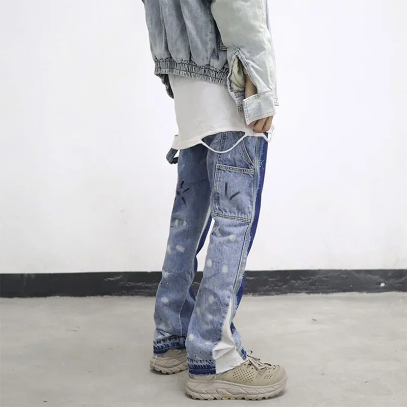 Vintage Distressed Splash Ink Flare Jeans Mens Streetwear Patchwork Hip Hop Graffiti Heavy Wash Blue Slim Fit Denim Pants Men