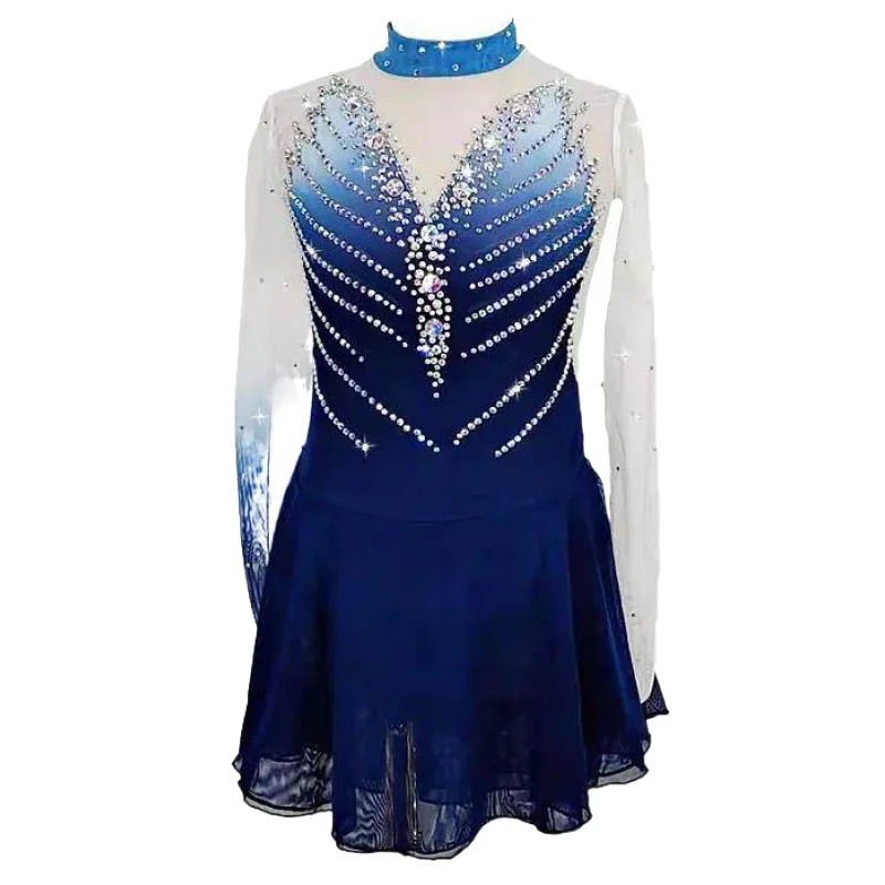 

LIUHUO Skating Dress Long Sleeve for Girls Butterfly Mesh Rhinestone Performance Wear for Competition Spandex Dance Costume