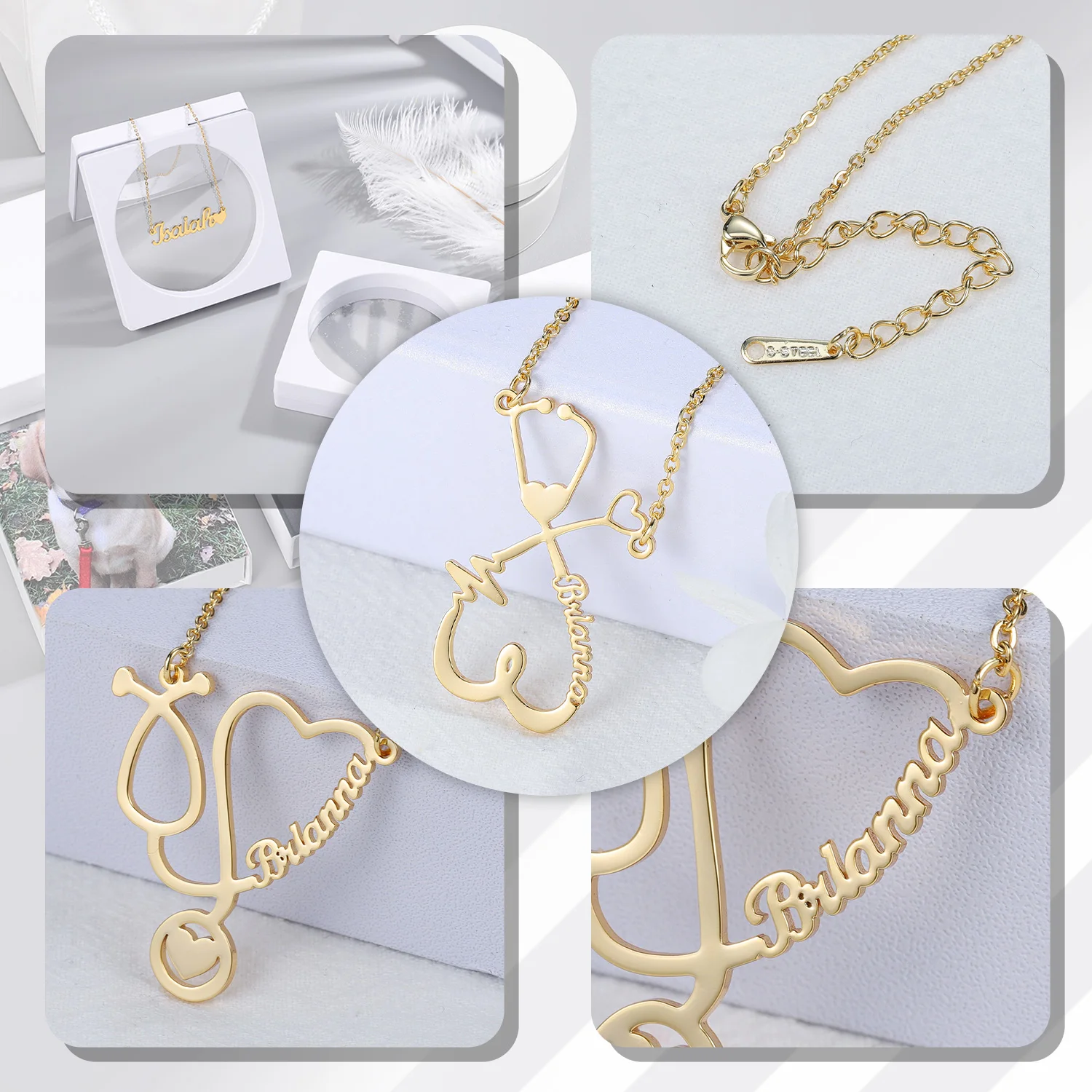 Stethoscope Necklace with Name Personalized Gold Stainless Steel Name Necklaces For Women Nameplate Necklac Jewelry Gifts 2021