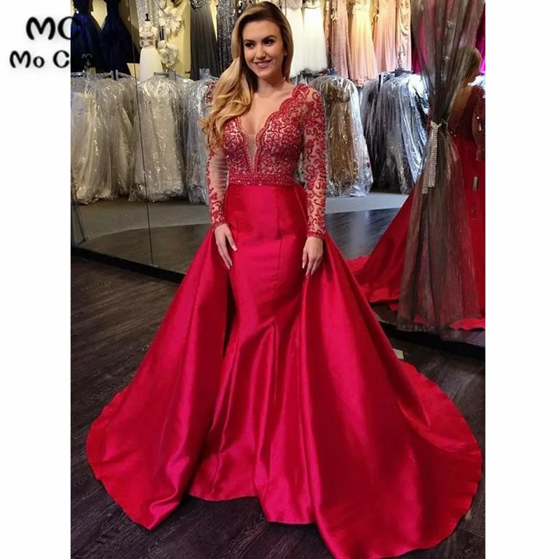 Vestidos de Noche de sirena con hombros descubiertos para mujer, vestido de fiesta Formal de manga larga de satén duro con cuentas, rojo, 2023