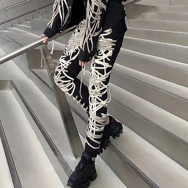 TWOTWINSTYLE Cross Black Pants For Women High Waist Bandage Casual Streetwear Trousers Female Fashion New Clothing 2024 Style