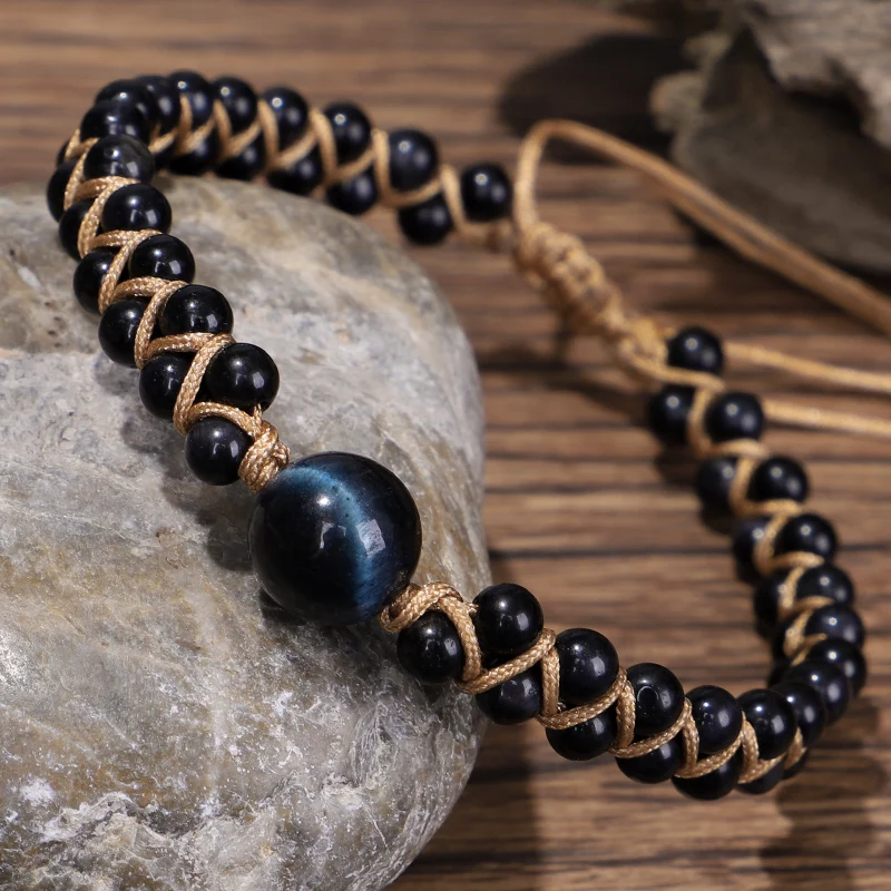 Double Black Tiger Eye Stone Charm Bead Bracelet Tibetan Rope Handmade Adjustable Bangle&Bracelet For Women Men Jewelry