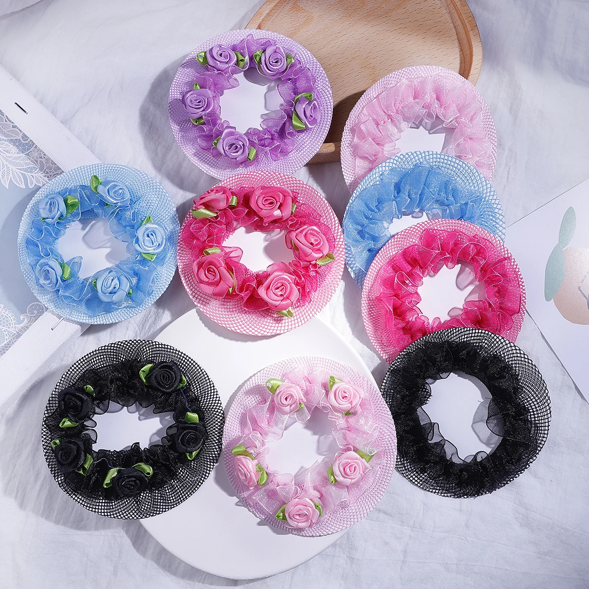 8.5cm Cute Flower Girls 2-5Pcs Bun Hair Nets Adjustable Kids 5 Colors Ballet Dance Examination Elastic Hair-net Styling Braider